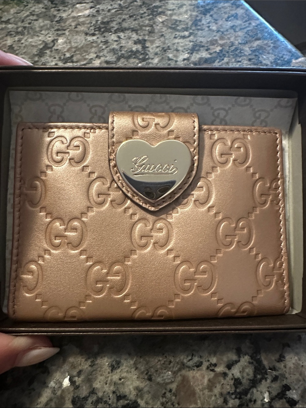 Gucci Metallic Rose Gold Embossed GG Heart-Accent Wallet - new in box!